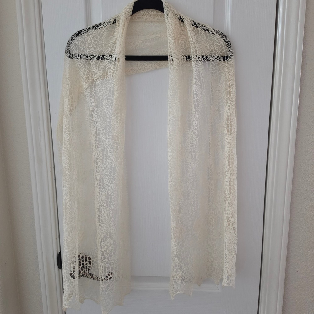 Cream Lace Knit Shawl Rectangular Scalloped Edge Open Weave Wrap Scarf 66x17